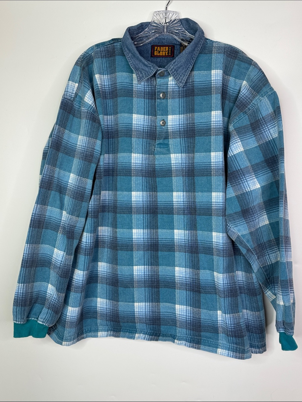 Vintage Faded Glory Blue Plaid Long Sleeve Polo Shirt Size XL
